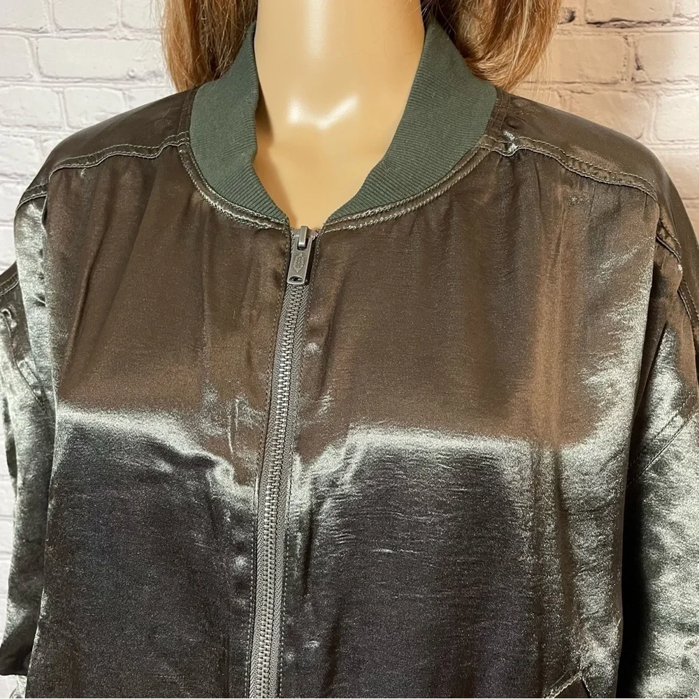 New Free People Movement Relay Zip-Up Olive Satin Bomber Jacket Size M